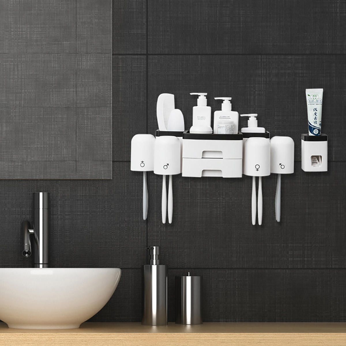 Wall-Mounted Toothbrush Rack with Mouthwash Cup, 2 Drawers, and Toothpaste Extruder - Hole-Free Installation