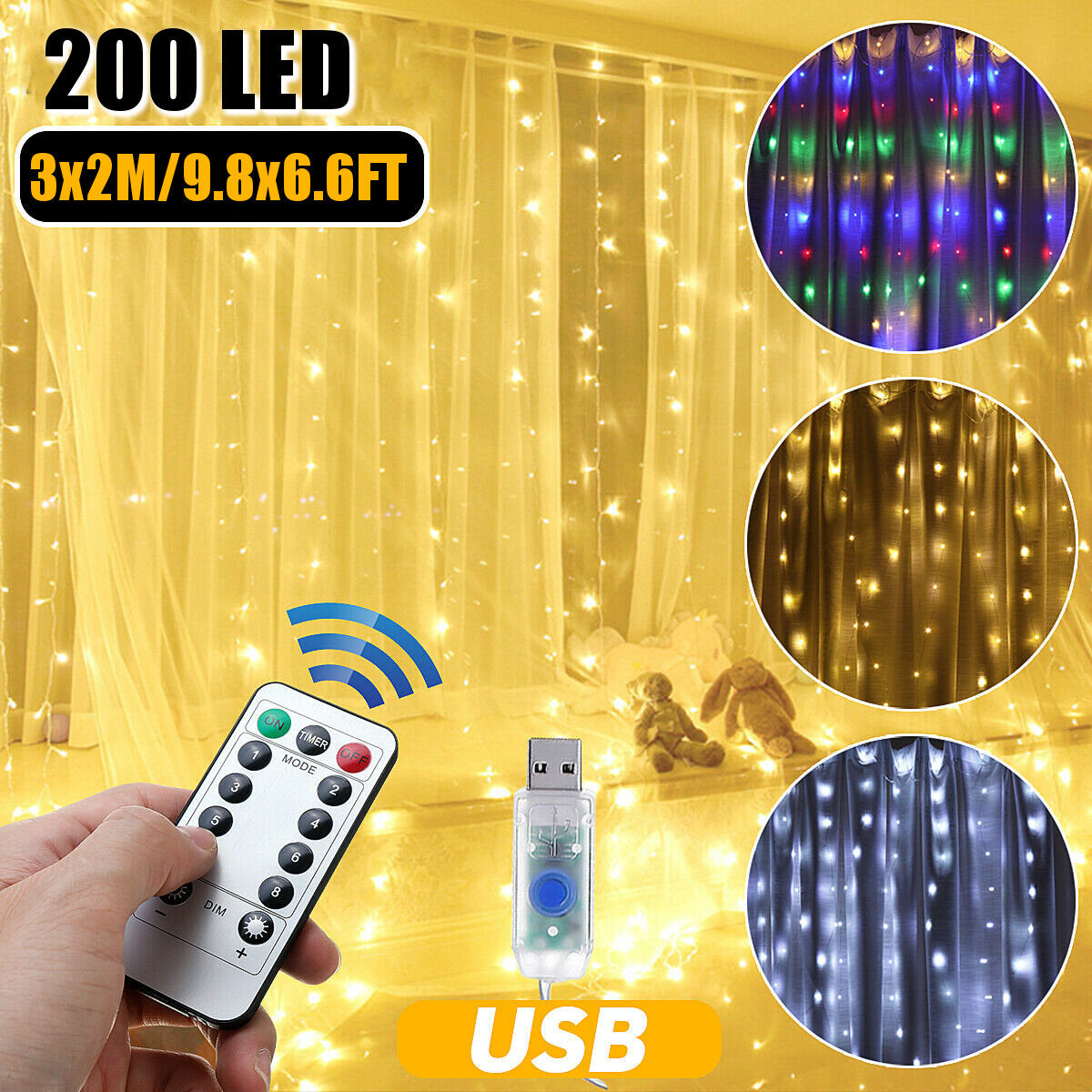 200 LED USB Remote Curtain Lights - Colorful Fairy Window Lamp for New Year Decor