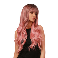 28" Brown Gradient Pink Curly Wig with Air Bangs - Big Wave Length, Full Head Cover, Perfect for Christmas