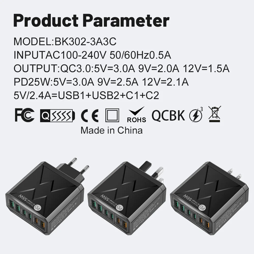 6-Port USB PD Ladegerät: 3 USB-A &amp; 3 USB-C Schnellladeadapter für iPhone, Samsung, Huawei