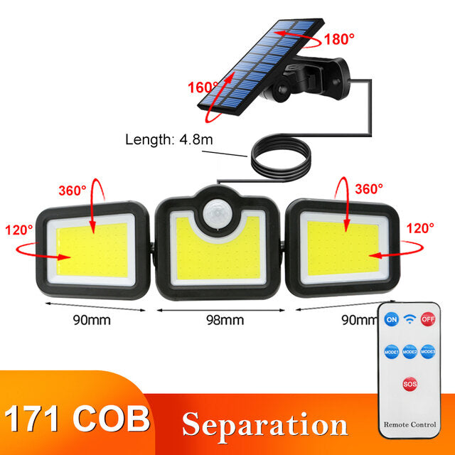 108/122/138/171 LED Solar Lights - 3 Head Motion Sensor, 270 Degree Wide Angle, Waterproof, Remote Control Wall Lamp