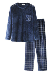 Men's Winter Flannel Plaid Pajama Set: Round Neck Top & Loose Pants for Home Lounge