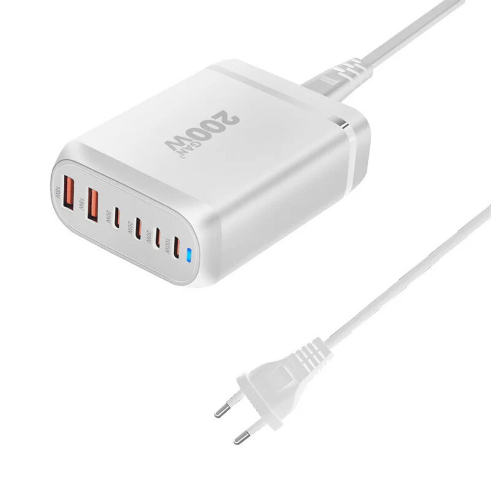 200W 6-Port GaN USB PD Charger: 2 USB-A + 4 USB-C Fast Charging for iPhone, Huawei, Samsung, MacBook