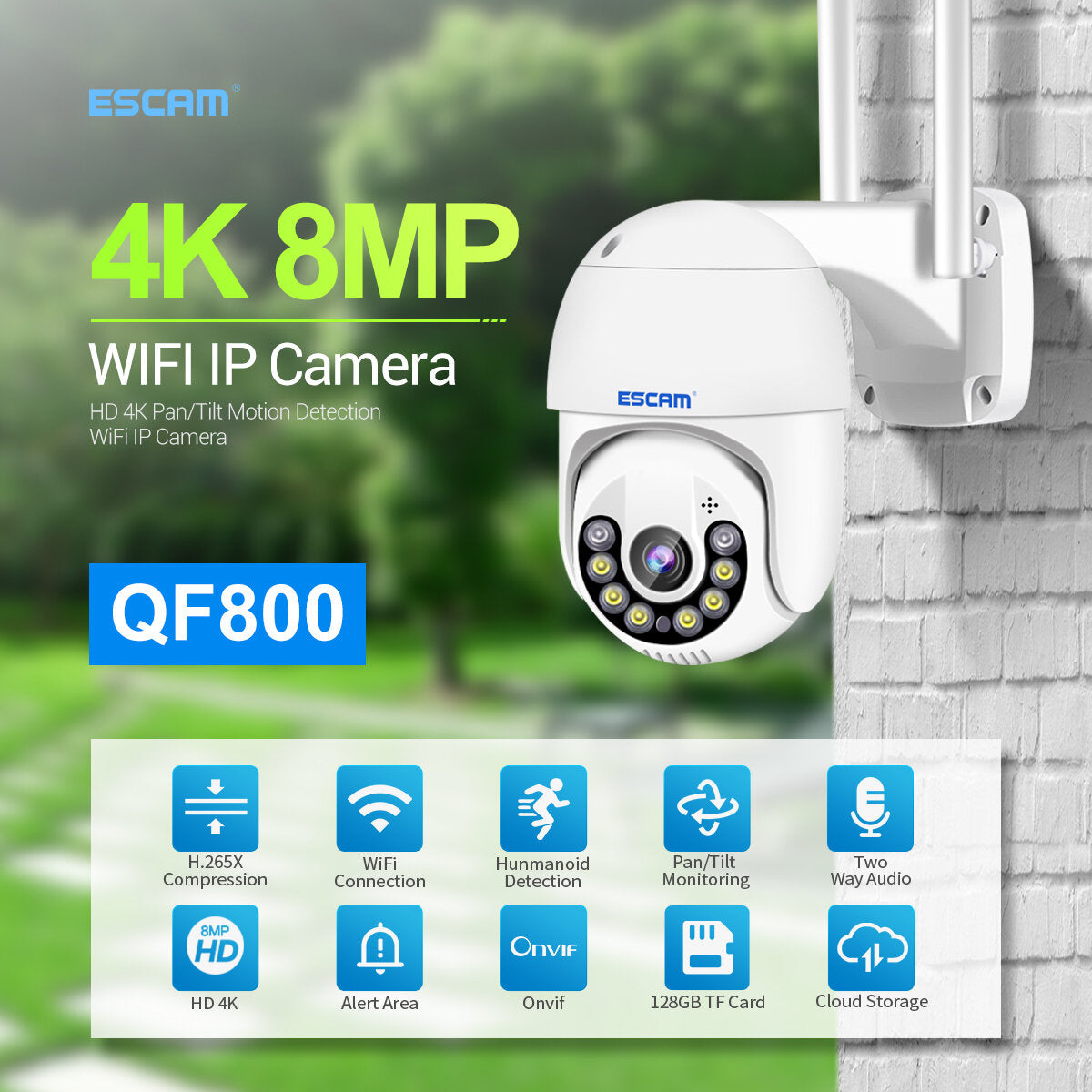 8MP Pan/Tilt AI Humanoid Detection WiFi IP Camera with Auto Tracking, Cloud Storage, Two-Way Audio, Night Vision, Waterproof