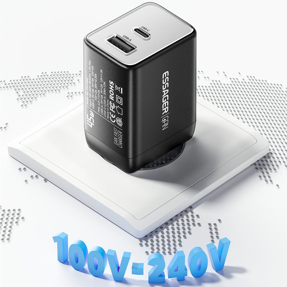 45W GaN USB PD Charger, Dual USB-A/USB-C Ports, Fast Charging, EU Plug for iPhone & Samsung