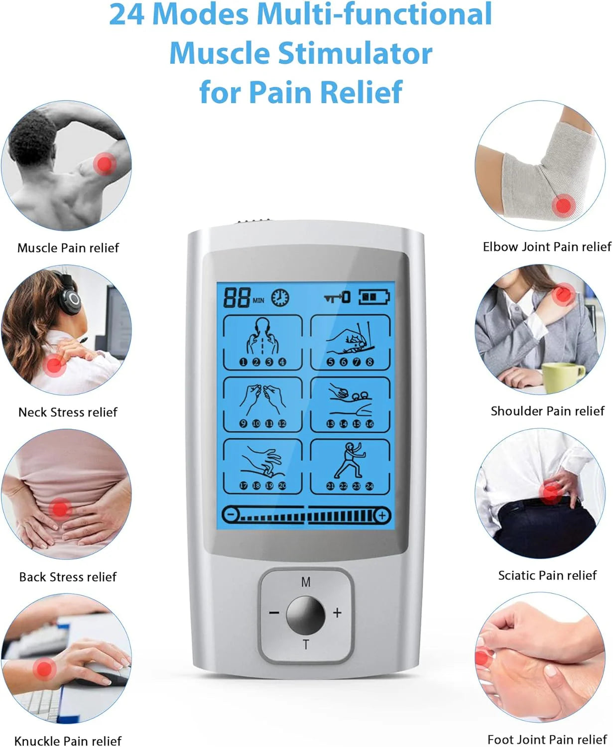 TENS Unit Muscle Stimulator, 24 Modes, Continuous Stimulation, Rechargeable, 8 Pads for Back & Shoulder Pain Relief