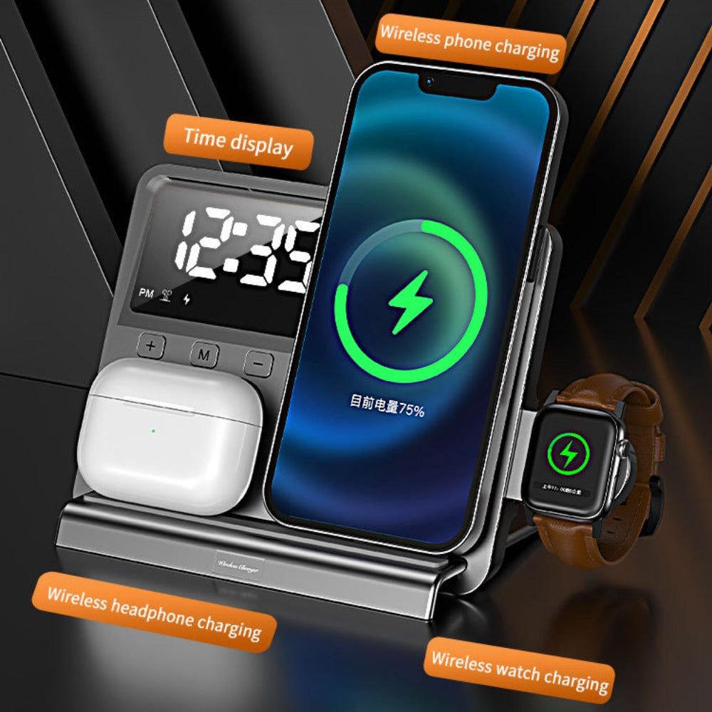 15W Fast Wireless Charger with Timing Clock for iPhone, Samsung, Huawei, Xiaomi, AirPods, Apple Watch