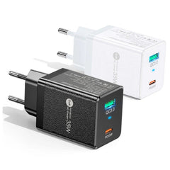 35 W GaN USB PD-Ladegerät, Dual USB-A/USB-C-Anschlüsse, Schnellladung, EU-Stecker für iPhone, Xiaomi, Huawei, Samsung