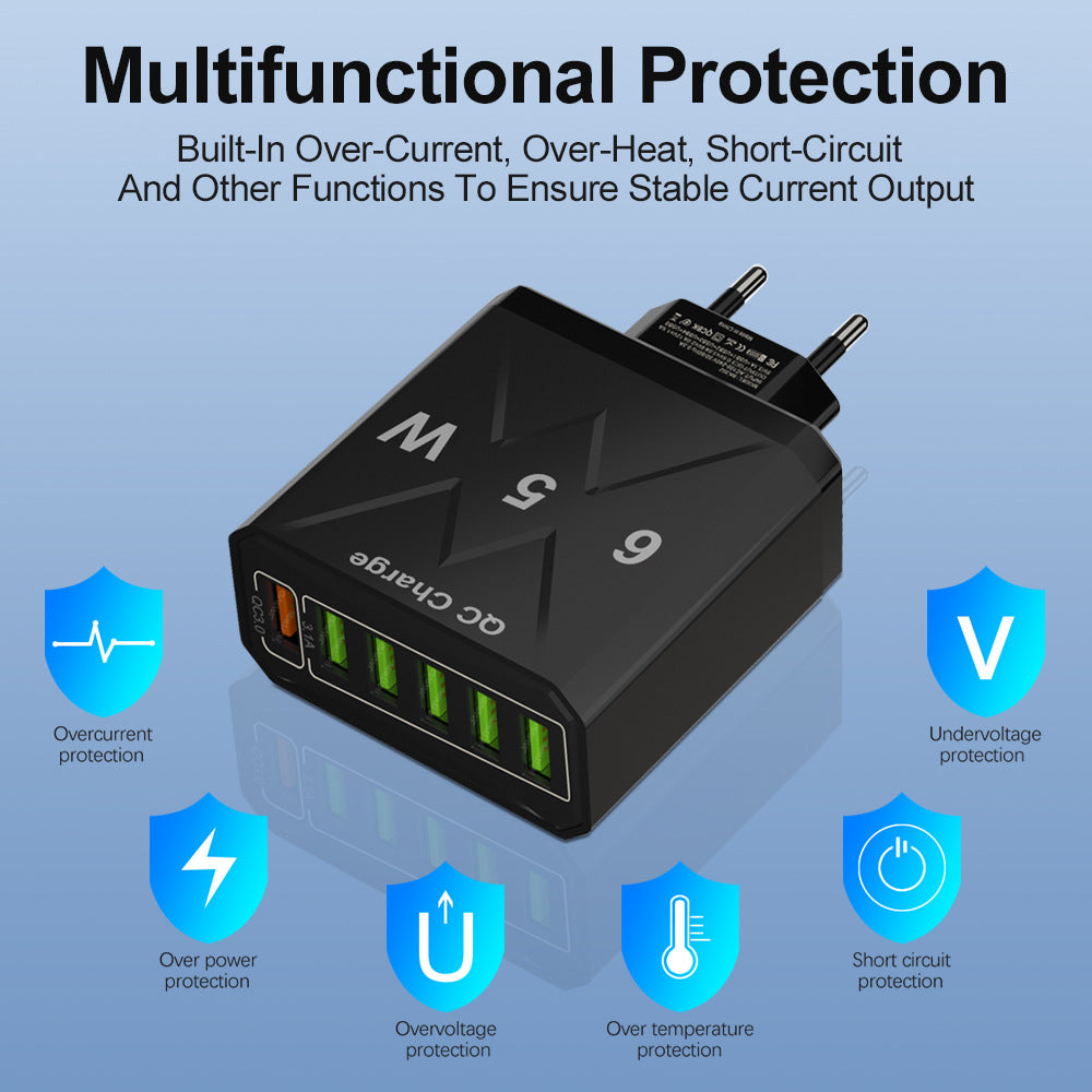 65 W 6-Port USB-Ladegerät, QC3.0-Schnellladeadapter für iPhone, Samsung, Huawei, Oppo, Redmi