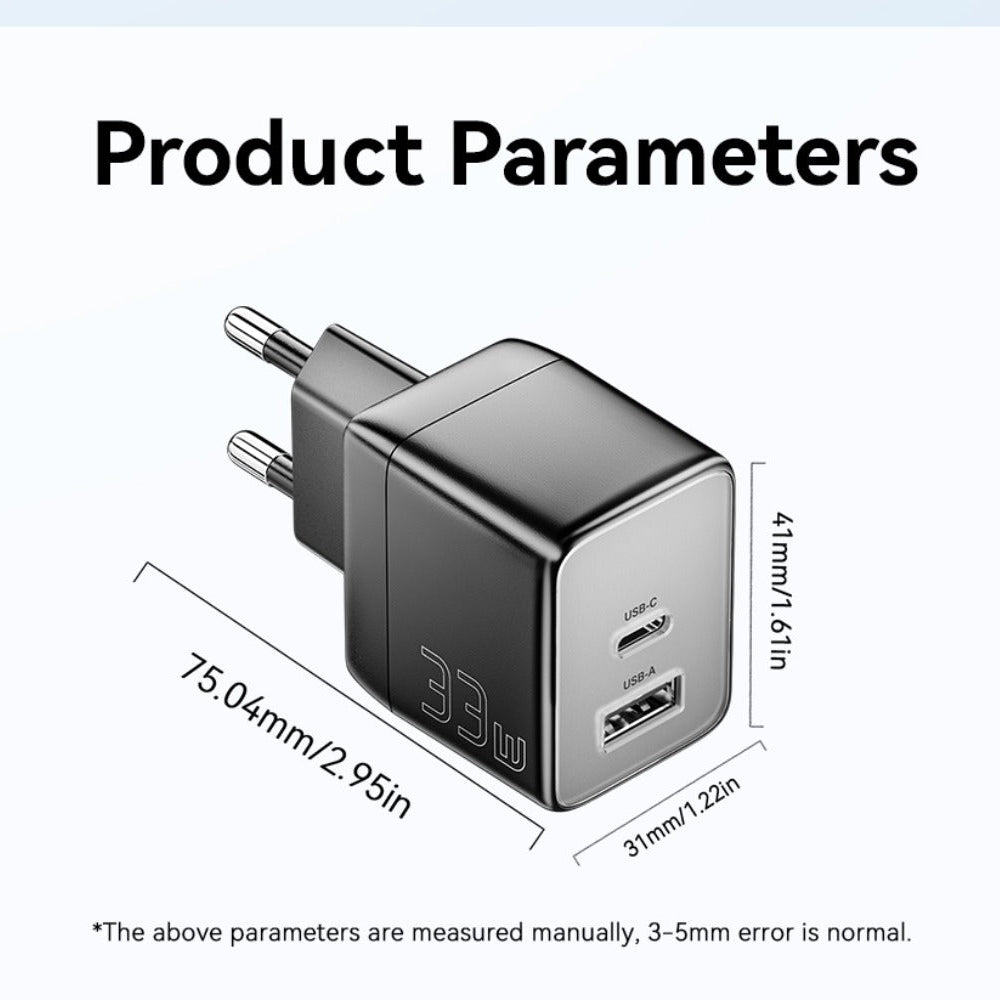 33W GaN USB PD Charger, Dual Port USB-A/USB-C, Fast Charging for iPhone, Huawei, Xiaomi, Oppo