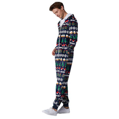 Men's Christmas Pattern Hooded Onesie Pajama Set - Holiday Loungewear with Zip Down Design