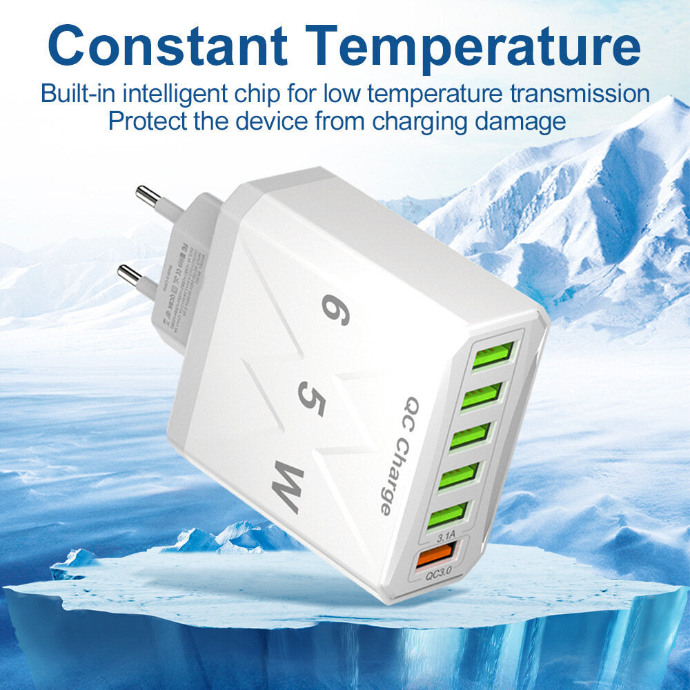 65 W 6-Port USB-Ladegerät, QC3.0-Schnellladeadapter für iPhone, Samsung, Huawei, Oppo, Redmi