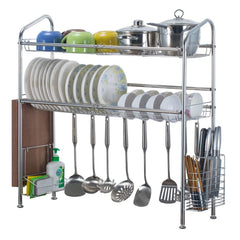 2-Tier Stainless Steel Dish Drainer Rack with Cutlery Holder & Drip Tray for Single Sink - Kitchen Tool