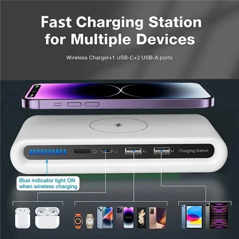 4-in-1 Wireless Charger Stand with LED Light, Type-C PD USB for iPhone, Samsung, Xiaomi Devices