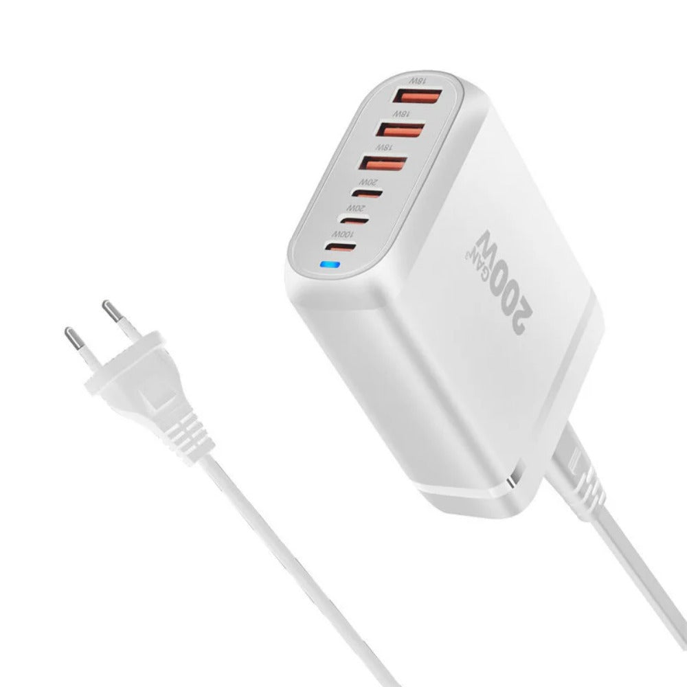 200W 6-Port GaN USB PD Charger: 2 USB-A + 4 USB-C Fast Charging for iPhone, Huawei, Samsung, MacBook