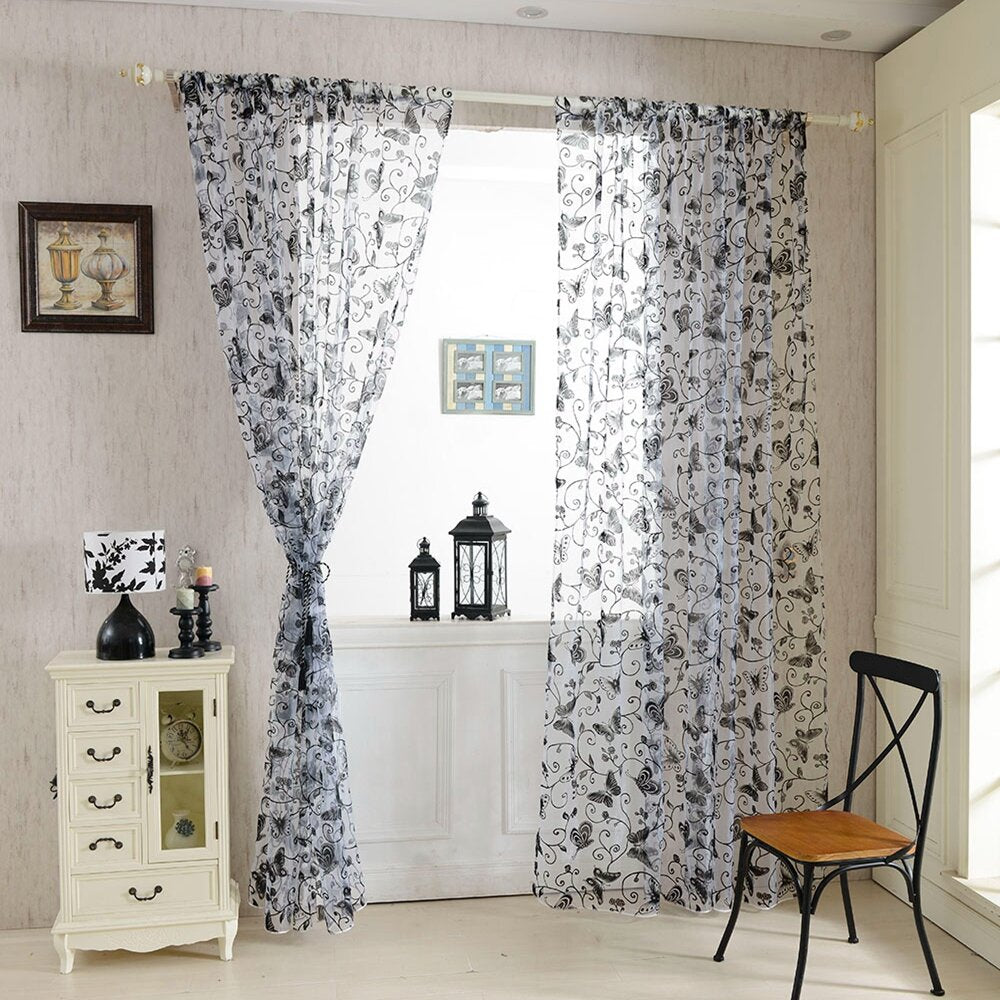 1x2m Fashion Butterfly Voile Door Curtain Panel - Sheer Window Room Divider Home Decor