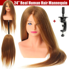 24" 100% Real Human Hair Mannequin Head for Hairdressing Training and Extensions