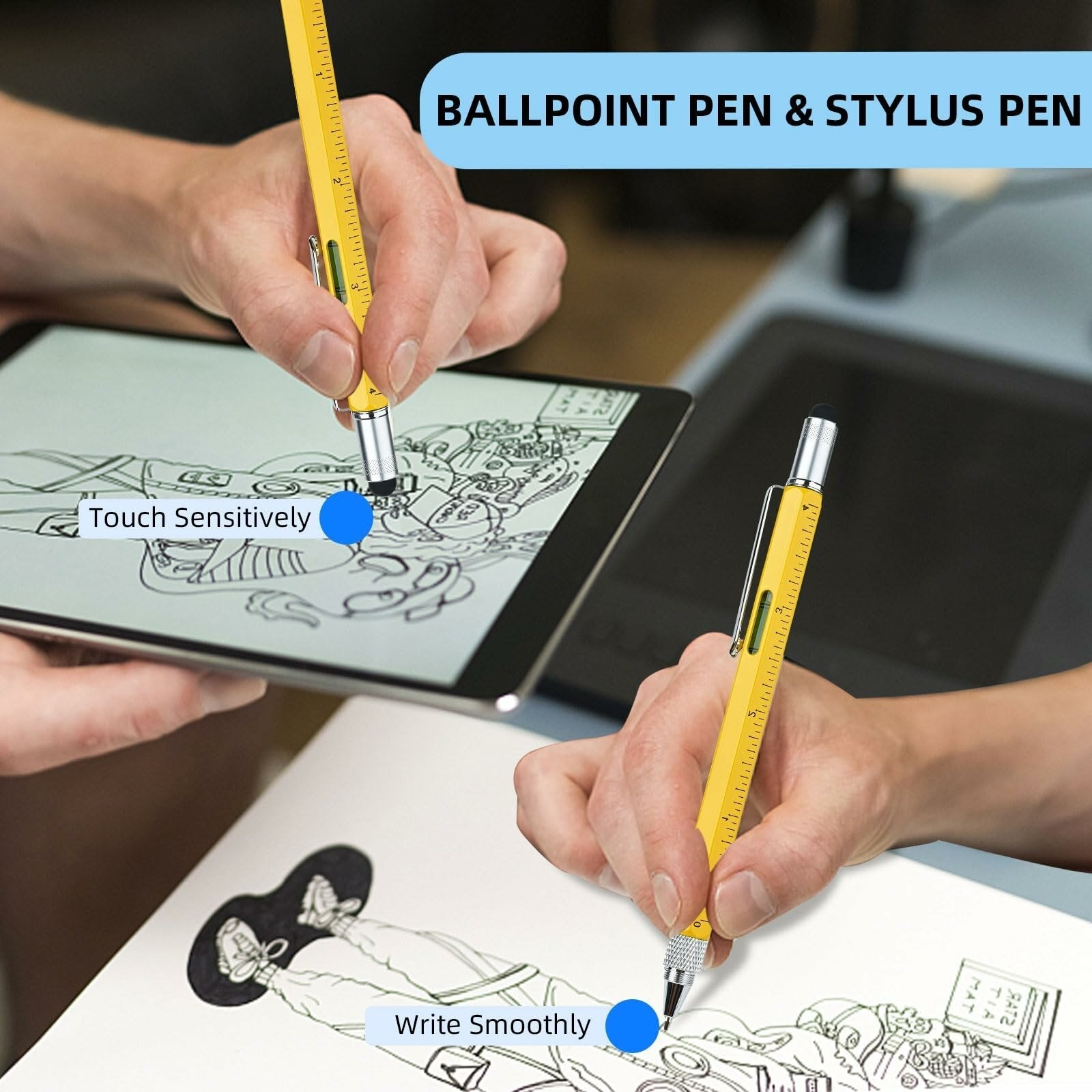 6-in-1 Multitool Pen: Stylus, Ruler, Level, Screwdriver - Perfect Gift with Refills
