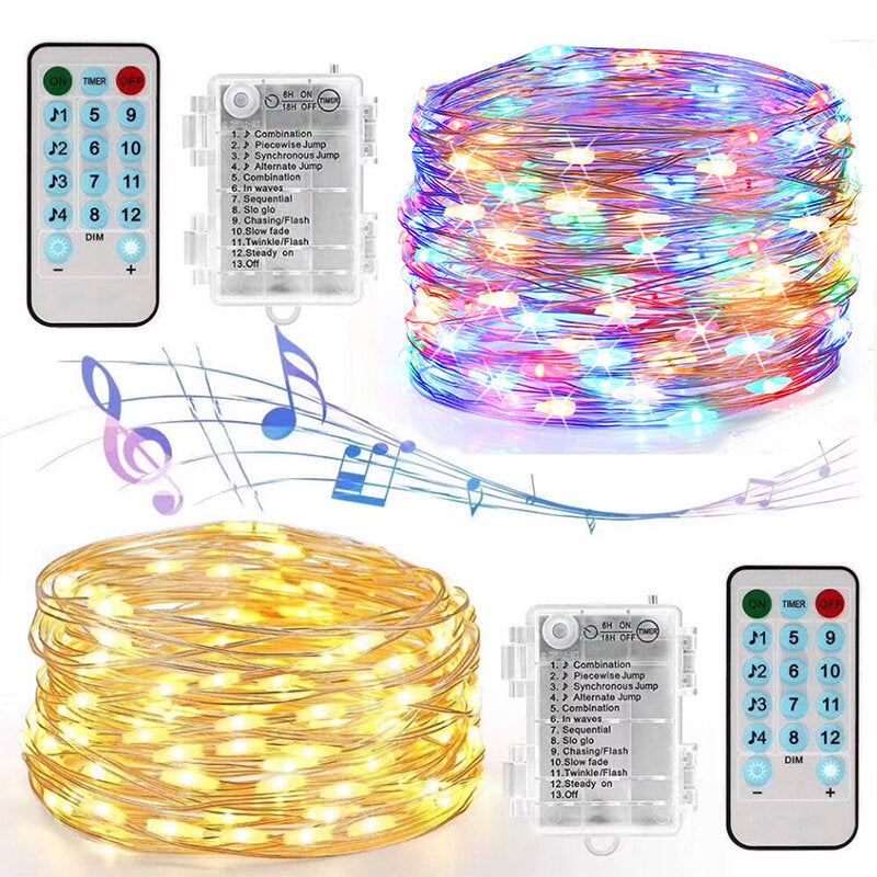 16.4FT/32.8FT 50/100 LED Music String Lights, Battery Powered, Waterproof, Remote Control, Home Party Decor