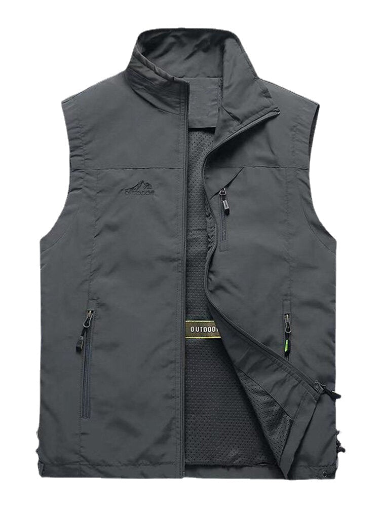 Men's High Collar Outdoor Sports Warm Vest with Zipper and Multi-Pockets