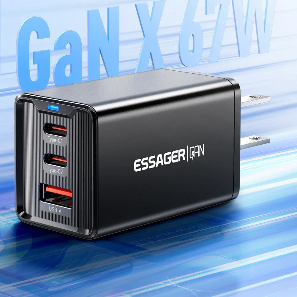 67W GaN 3-Port USB PD Charger: Fast Charging Adapter with 2 USB-C & 1 USB-A for iPhone, Huawei, Samsung