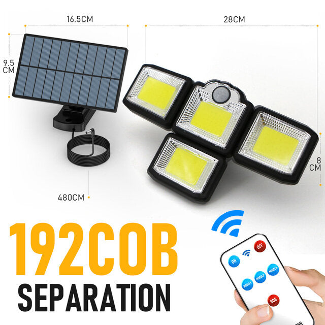 192/198 LED COB Solar Lights - 4 Head Motion Sensor, 270 Degree Wide Angle, Waterproof, Remote Control, Outdoor Garden Wall Lamp