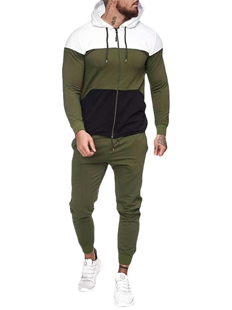 Men's Tricolor Patchwork Hoodie Jacket & Jogger Pants Sport Two-Piece Set