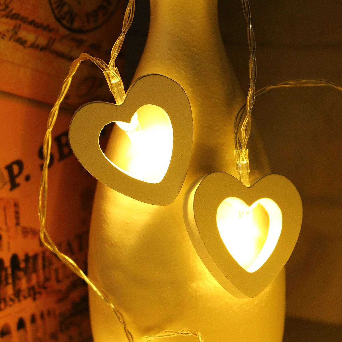 1.8M Wooden Heart 10LED Fairy String Lights, Battery Powered, 0.3W, Christmas Home Party Decor, DC3V