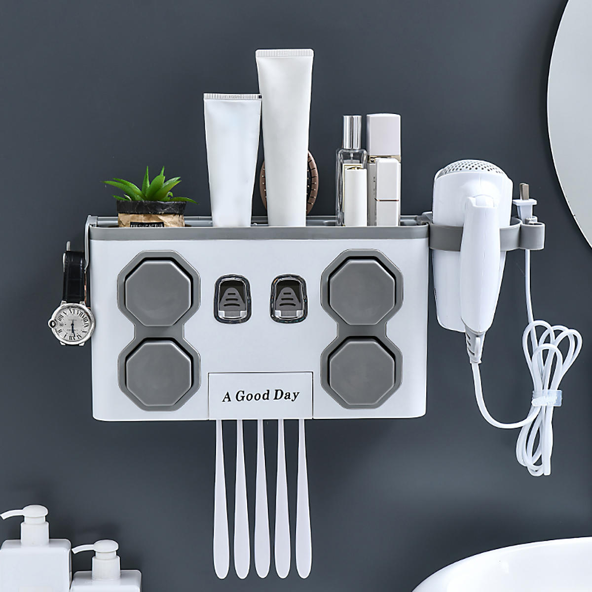 Multifunction Toothbrush Holder with Automatic Toothpaste Dispenser and Hair Dryer Rack