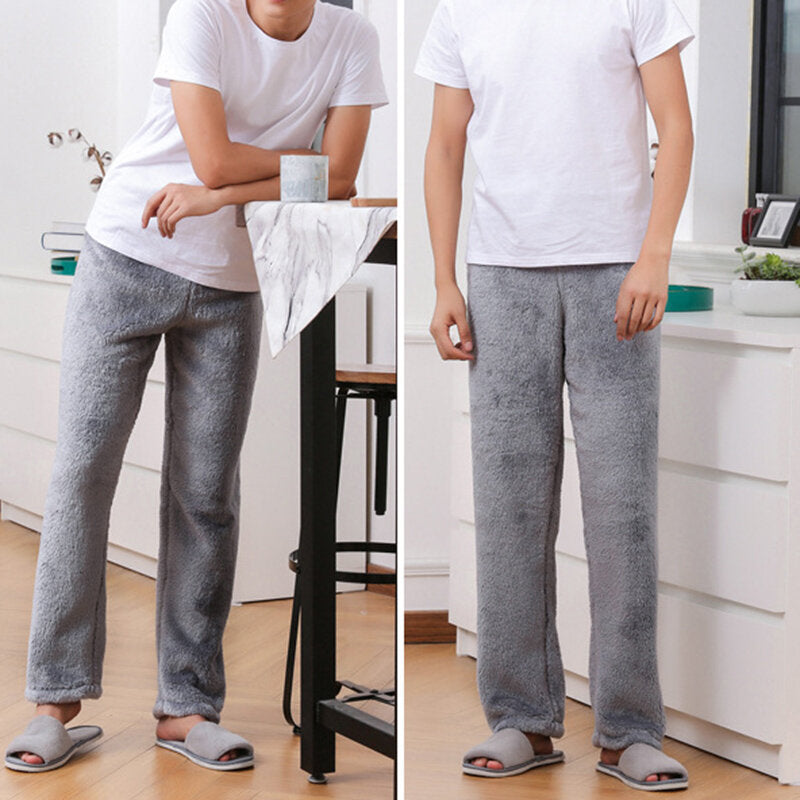 Men's Thick Flannel Sleepwear Pants - Warm Solid Color for Autumn and Winter