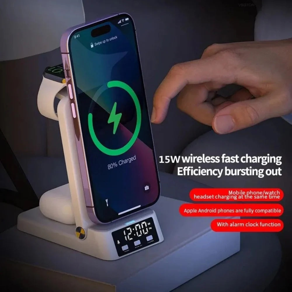 15W 4-in-1 Wireless Charger Stand for iPhone, Samsung, Apple Watch, and AirPods