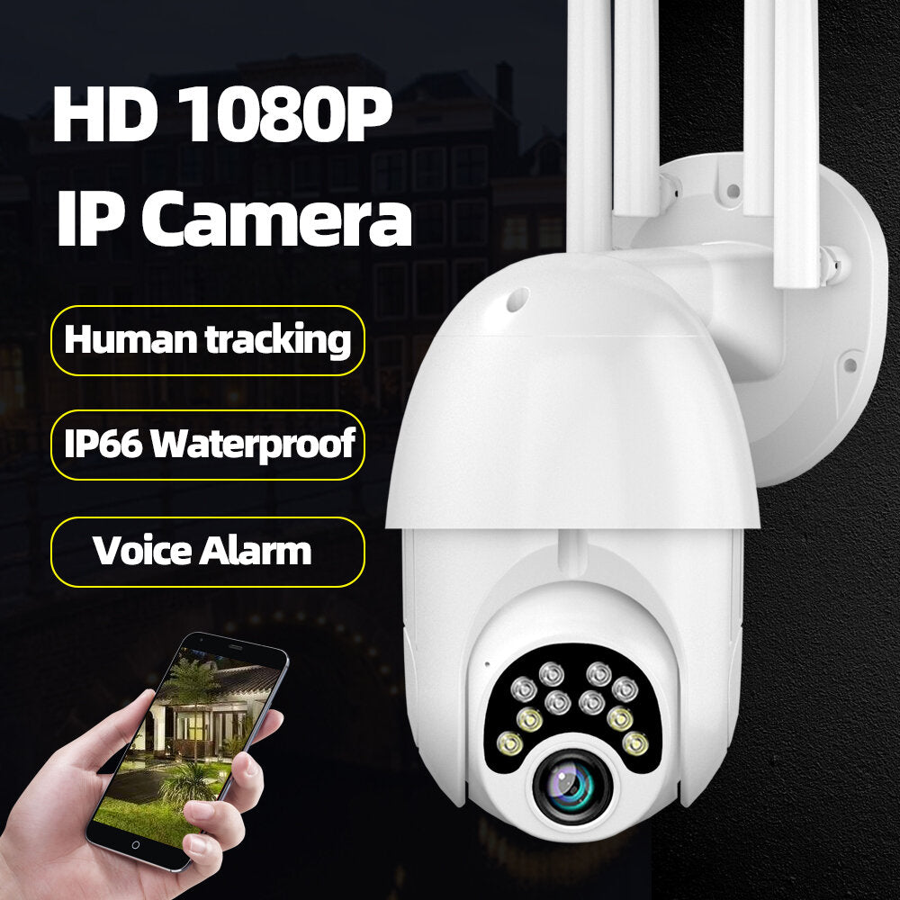 1080P HD Outdoor PTZ IP Camera, 10 LED, 5X Zoom, Four-Antenna, Two-Way Audio, Voice Alarm, Waterproof, Night Vision, WiFi