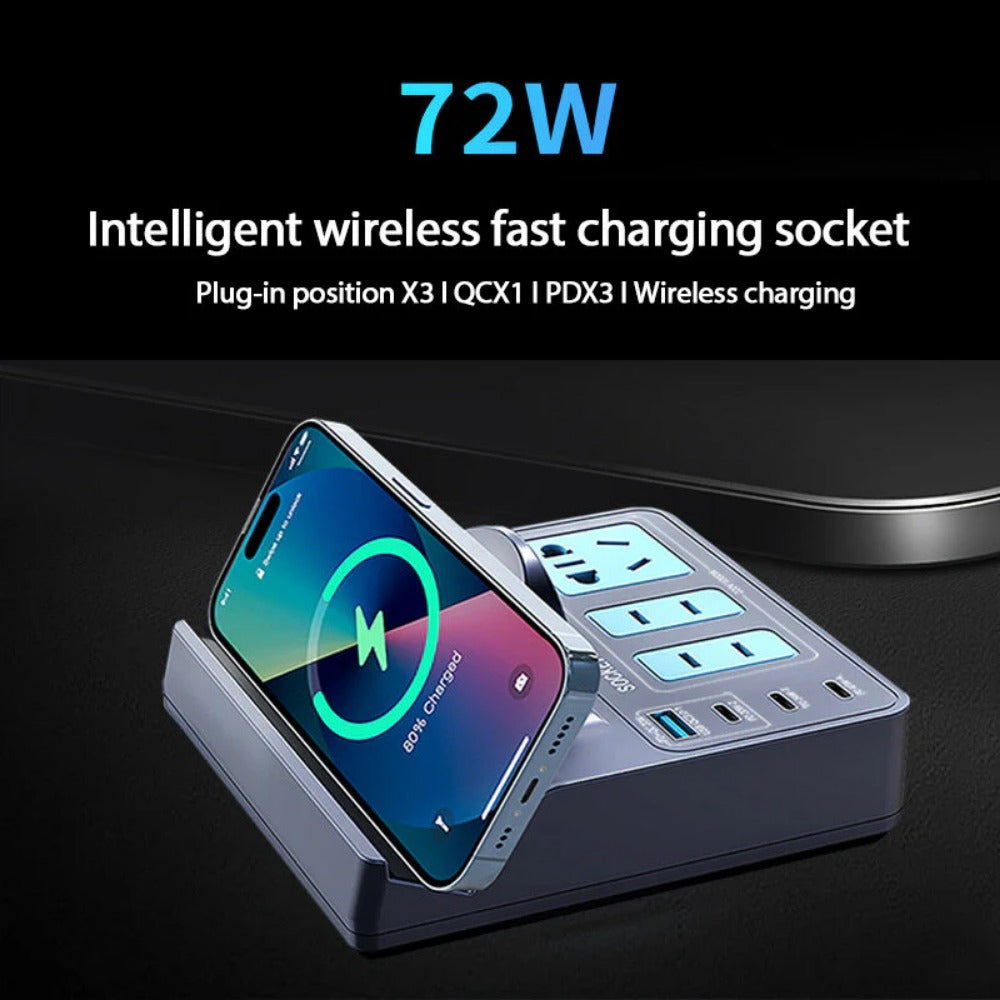 72W 7-Port USB PD Charger: 3 USB-C, USB-A, 3 AC, Wireless Fast Charger for iPhone, Huawei, Xiaomi