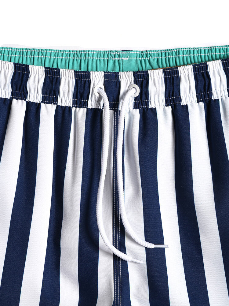 Klassische, gestreifte, schnelltrocknende Strand-Boardshorts für Herren mit Kordelzug in der Taille