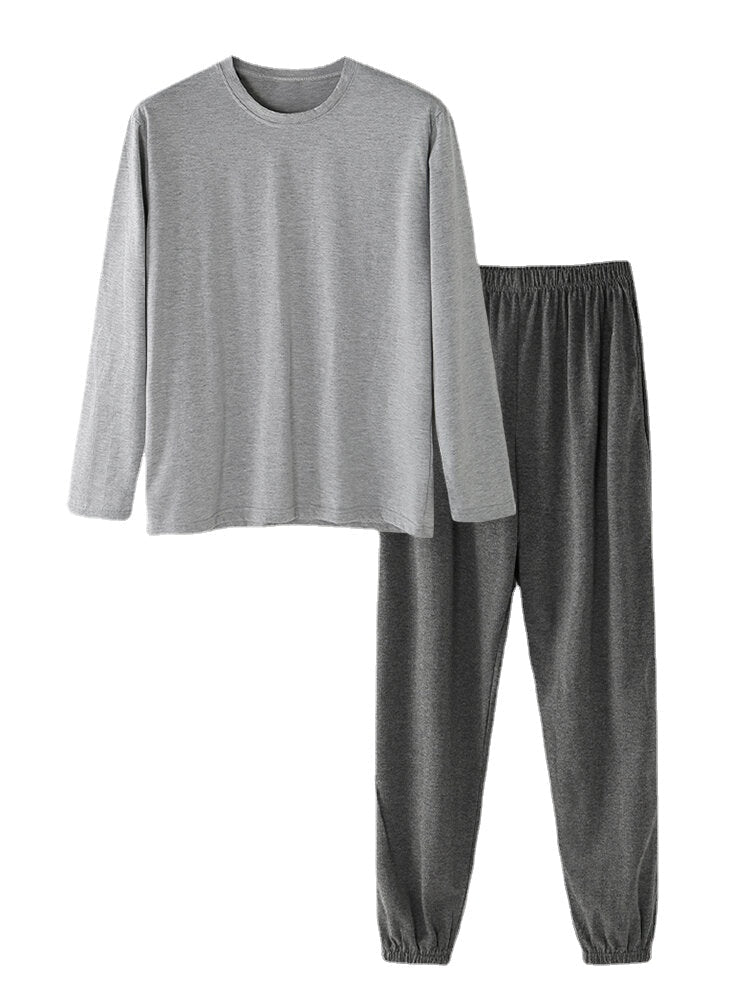 Einfarbiges Langarm-T-Shirt aus Baumwolle mit Rundhalsausschnitt und lockerem Pyjama-Set für Herren