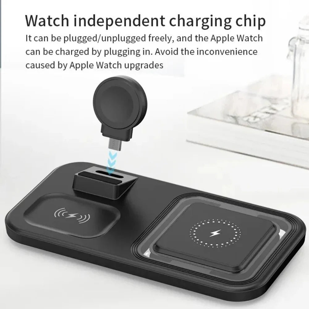 3-in-1 15W Wireless Charger Stand: Fast Charging for iPhone, Apple Watch, and Earphones