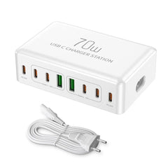 70W 8-Port USB PD Charger: 2 USB-A & 6 USB-C Fast Charging Station for iPhone, Huawei, Xiaomi, Samsung