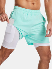 Men's Quick Dry Double Layered Sports Running Board Shorts - Solid Color, Stretch, Casual