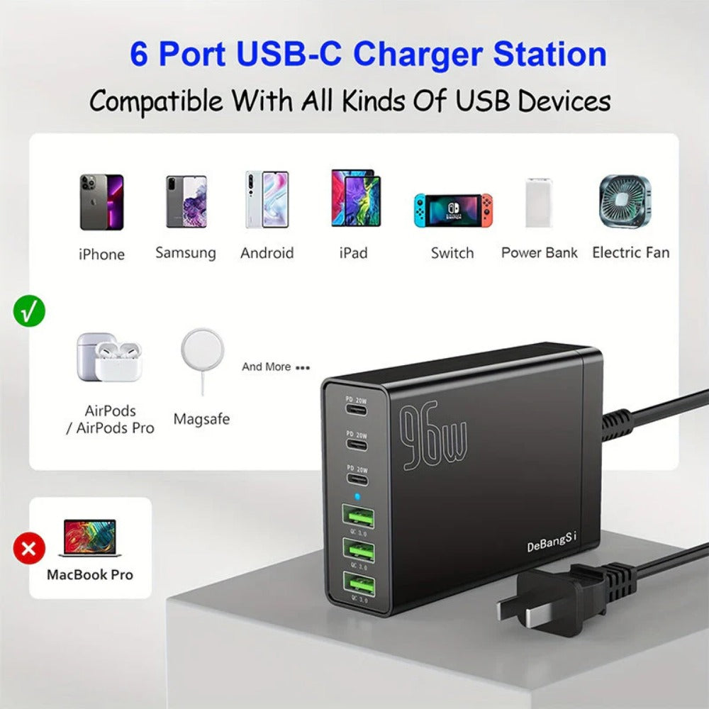 6-Port USB PD Charger: 3 USB-C & 3 USB-A, Fast Charging Station for iPhone, Huawei, Samsung, Oppo