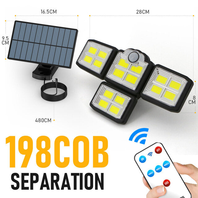 192/198 LED COB Solar Lights - 4 Head Motion Sensor, 270 Degree Wide Angle, Waterproof, Remote Control, Outdoor Garden Wall Lamp