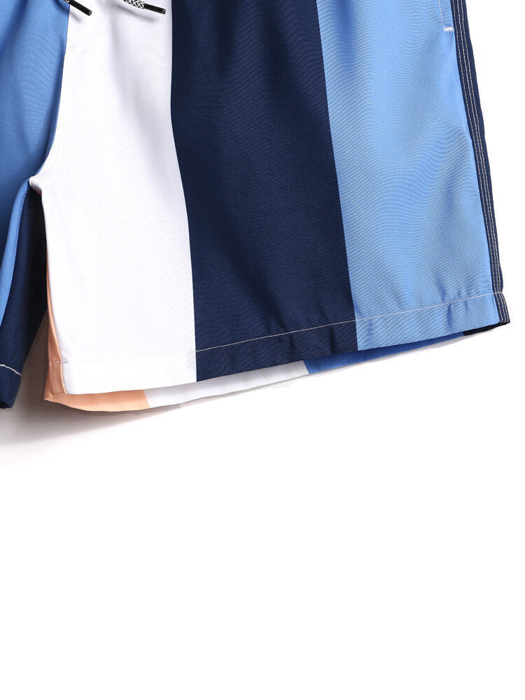 Schnelltrocknende Strandshorts für Herren mit Farbblock-Streifen, Kordelzug und Tasche