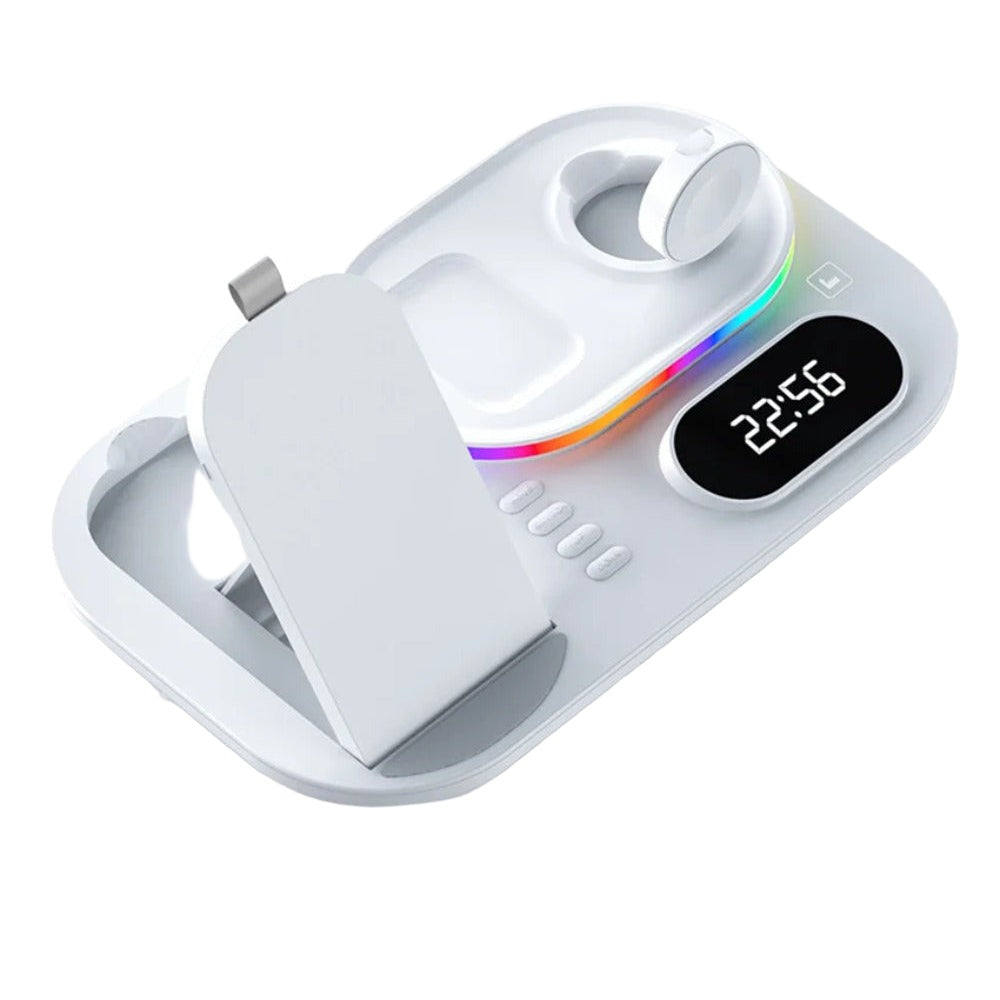 15 W 4-in-1-Drahtlosladegerät mit Digitaluhr und RGB-Lichtern für iPhone, Samsung, Huawei, Xiaomi, AirPods, Apple Watch