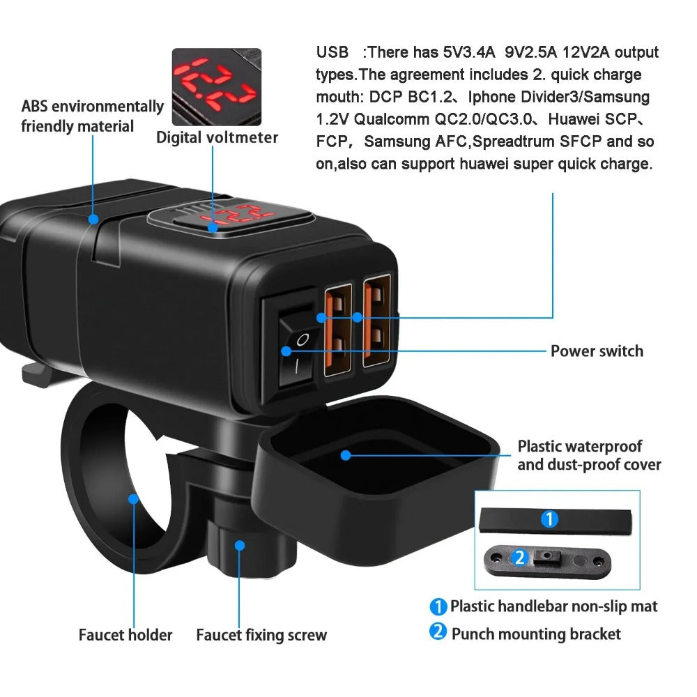 12-V-Schnellladeadapter für Motorrad, USB-Ladegerät 3.0 – Universalzubehör