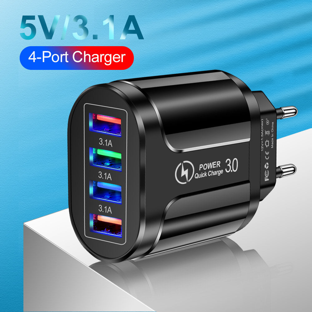 4-Port USB Fast Charger QC3.0 Wall Adapter - EU/US/UK Plug for iPhone, Samsung, Xiaomi