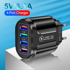 4-Port USB Fast Charger QC3.0 Wall Adapter - EU/US/UK Plug for iPhone, Samsung, Xiaomi