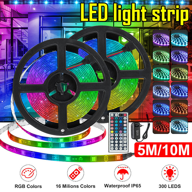 16FT/32FT 5M/10M Waterproof 5050 RGB LED Strip Light, Flexible, TV Party, DC12V, 44-Key Remote, EU Plug