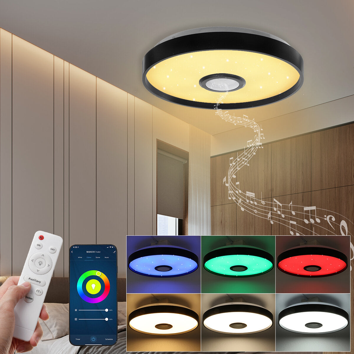 124LED Black Music RGB Ceiling Lamp - Smart WiFi & Bluetooth Control with APP & Remote