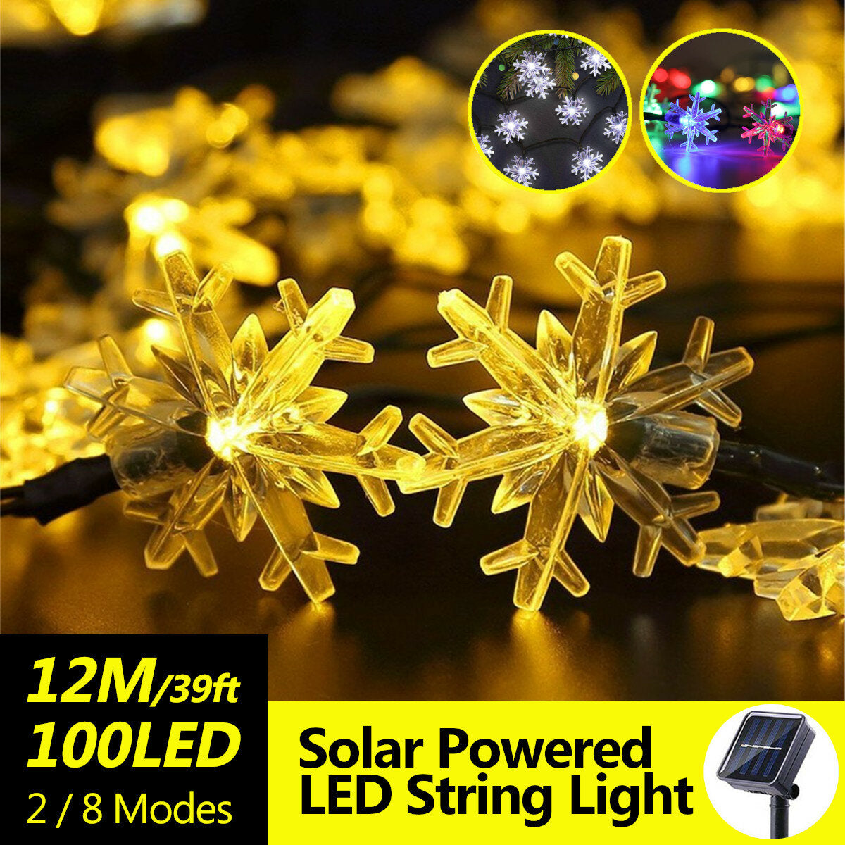 12M 39ft 100 LED Solar-Powered Snow String Lights for Home Christmas Tree Decoration