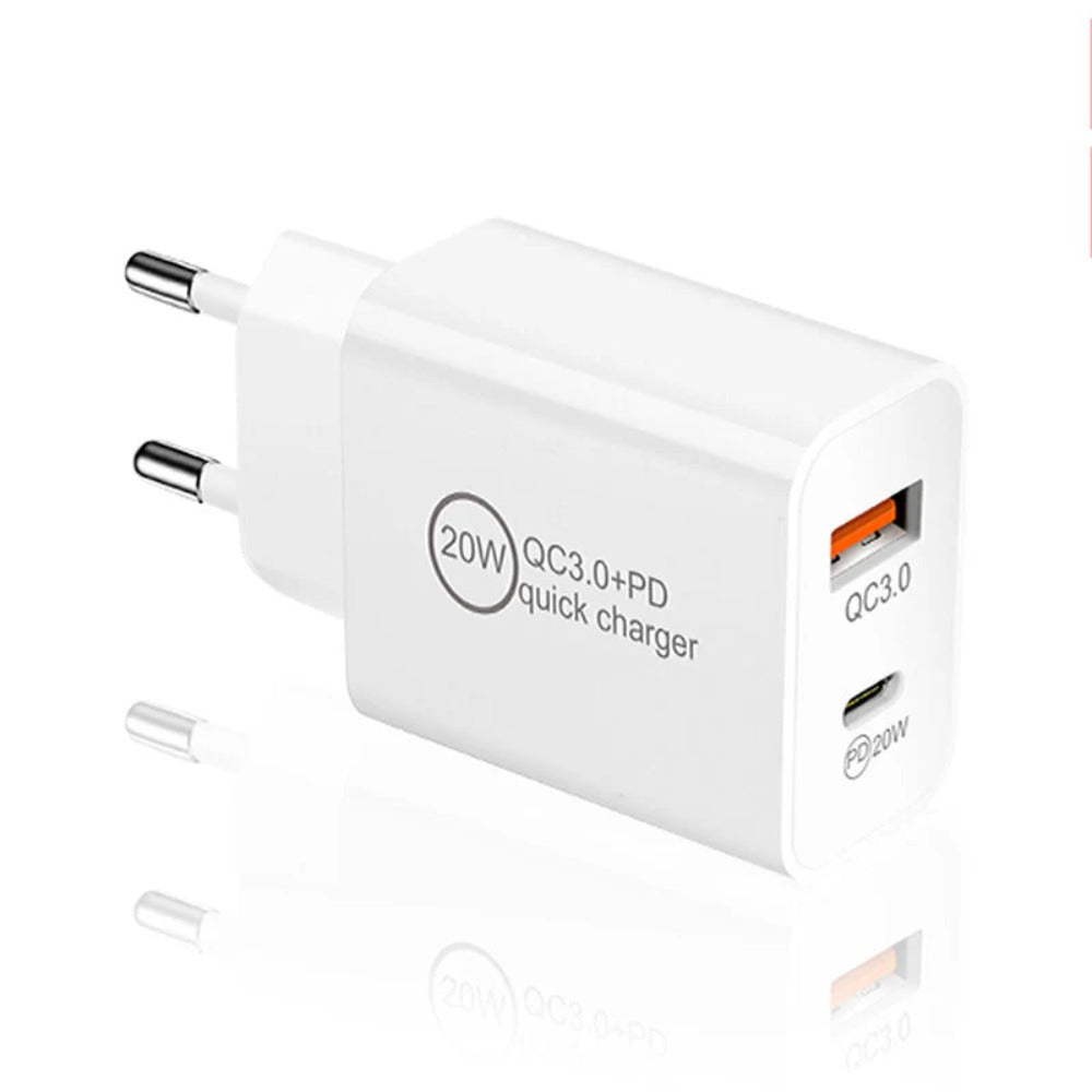 Dualer 20W USB-C PD3.0 QC3.0 Schnellladegerät-Adapter mit EU-Stecker für iPhone, Huawei, Samsung