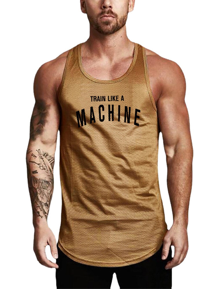 Men's Fitness Workout Tank Tops - Round Neck, Printed Design